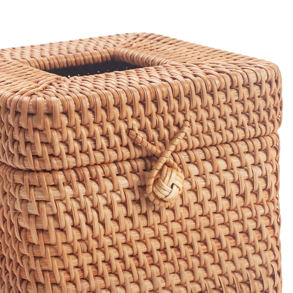 DECRAFTS rattan tissue box cover on dresser adds warm decor