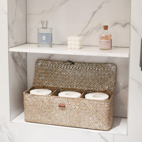 DECRAFTS Seagrass basket with lid preserves contents while staying neat.