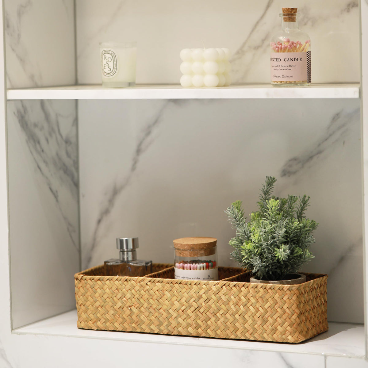 DECRAFTS Seagrass Basket for toilet tank storage keeps essentials accessible
