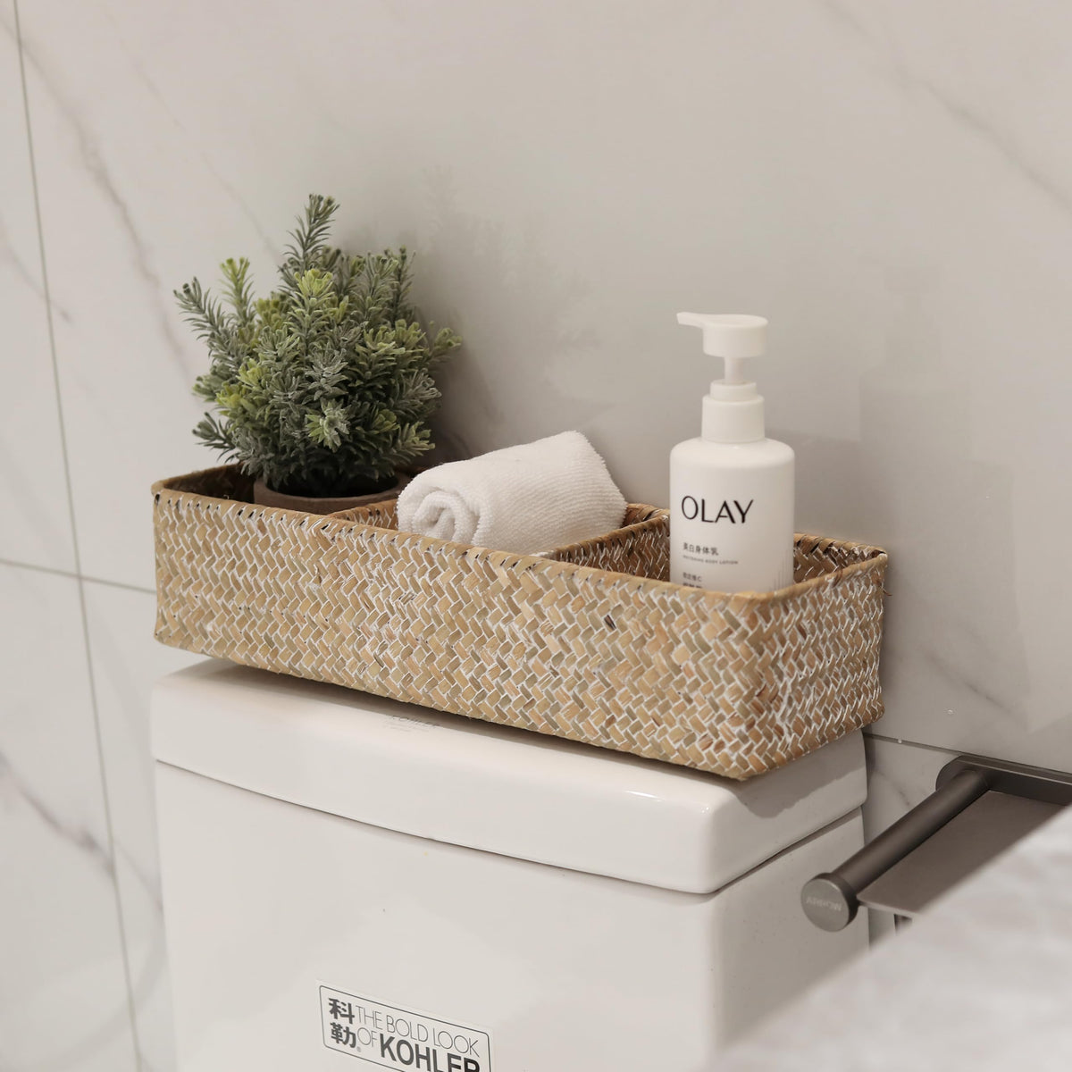 DECRAFTS seagrass basket in wardrobe drawer, keeps underwear and socks organized.