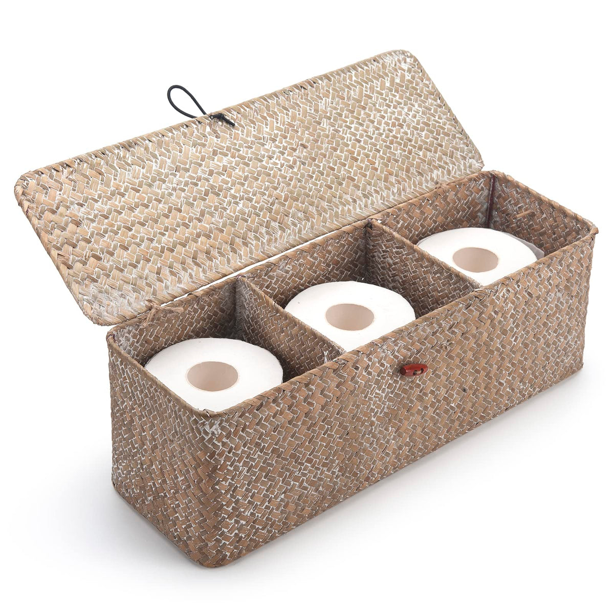 DECRAFTS Whitewash Seagrass Tank Basket with lid keeps small items organized and accessible.