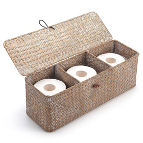 DECRAFTS Whitewash Seagrass Tank Basket with lid keeps small items organized and accessible.