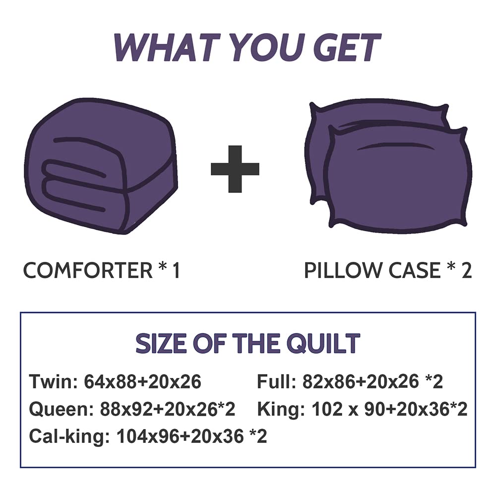 Decroom bed draped with purple comforter creates an inviting look.