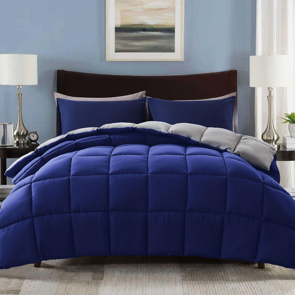 Decroom full comforter set in blue-grey on bed for all-season warmth