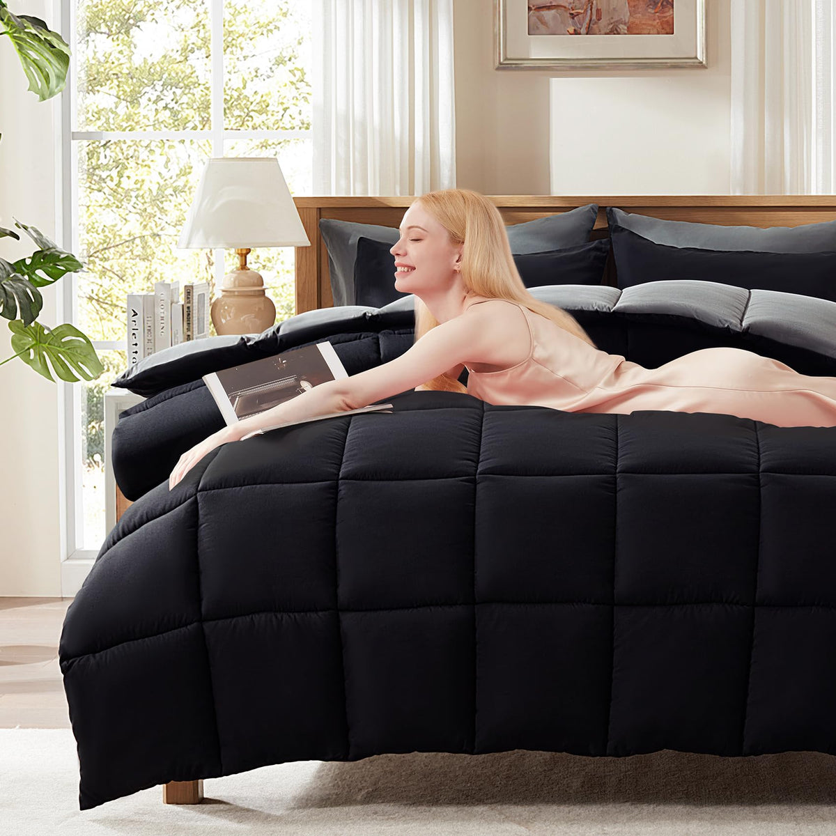 Decroom full-size comforter 82x86 on bed for all-season warmth.