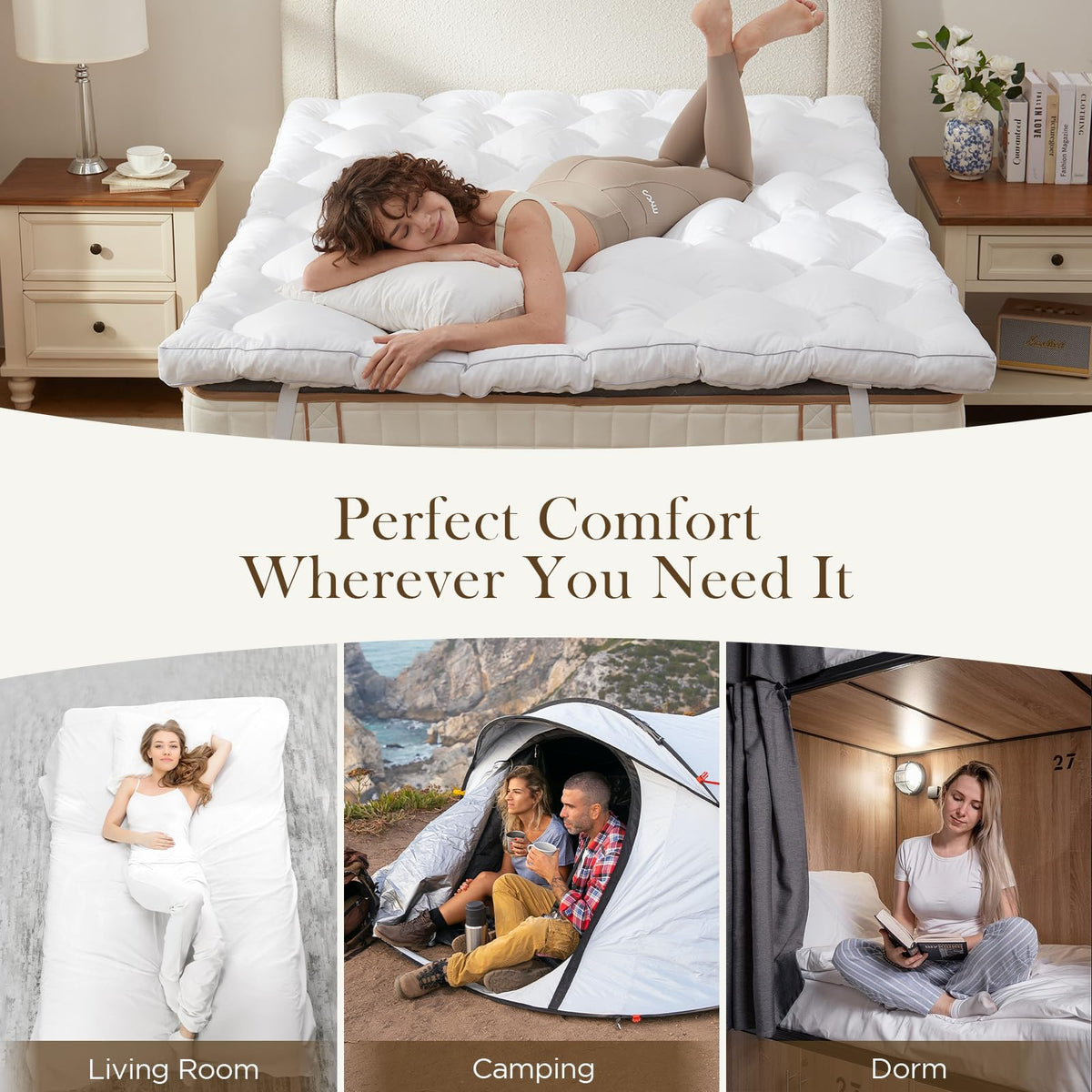 Decroom queen topper on a bed demonstrates easy setup and care