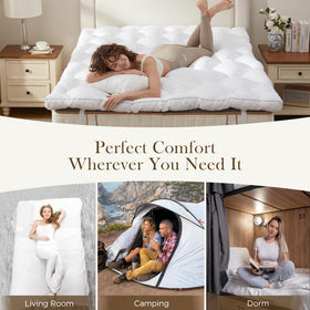 Decroom queen topper on a bed demonstrates easy setup and care