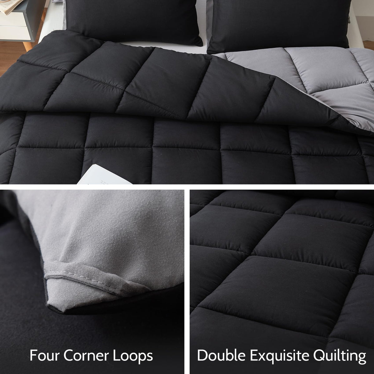 Decroom solid black-grey comforter with reliable box-stitch durability.