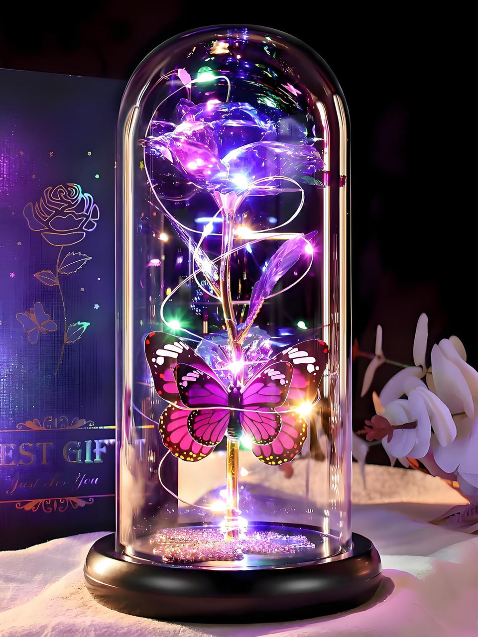 DEEMEI purple eternal rose under glass dome with butterfly, elegant gift idea