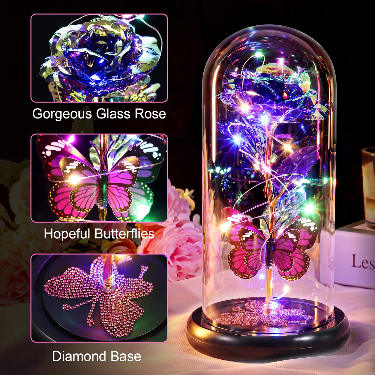 DEEMEI light-up rose in glass dome enhances home decor with soft glow