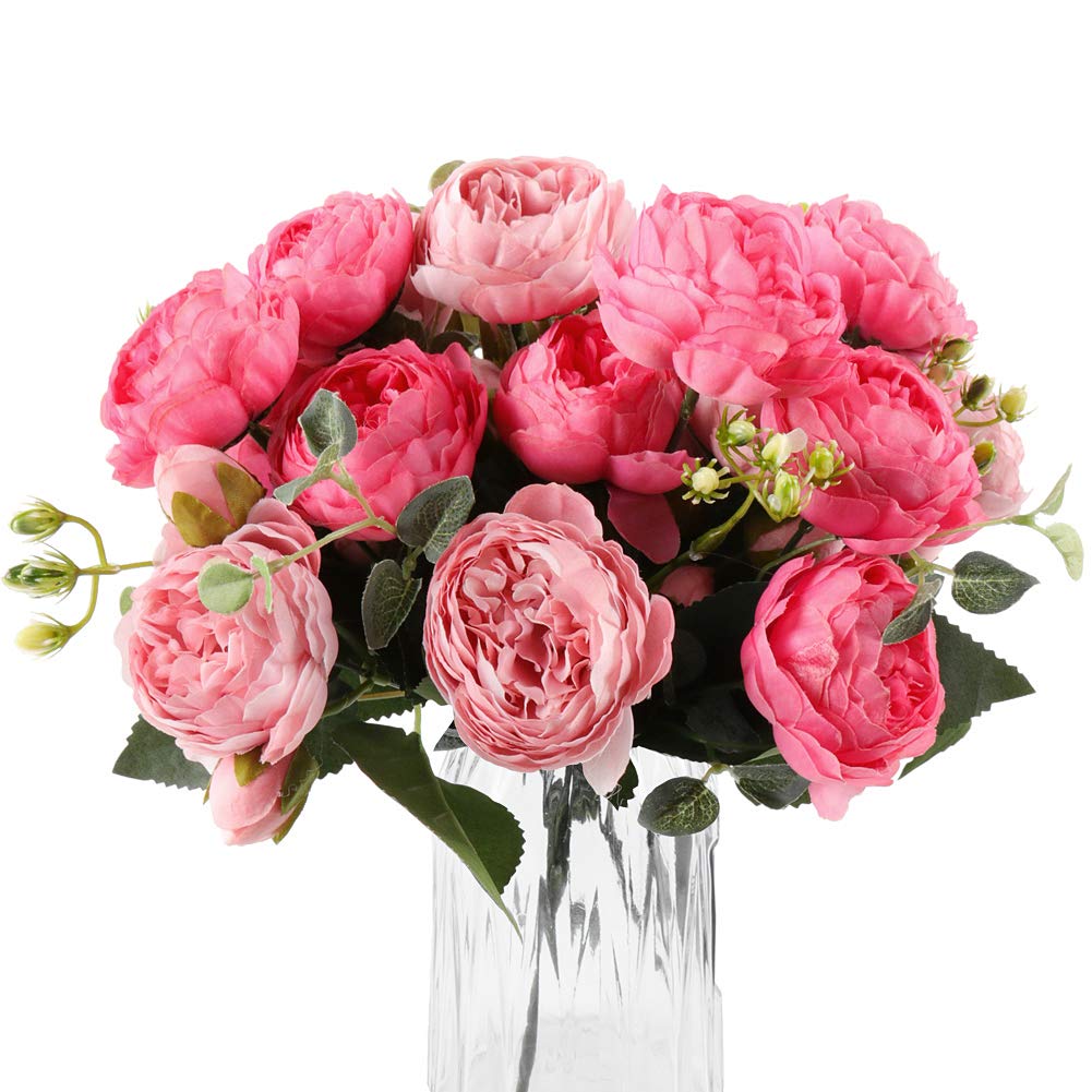 DEEMEI rose red pink peonies bouquet adds romantic color to living room decor.