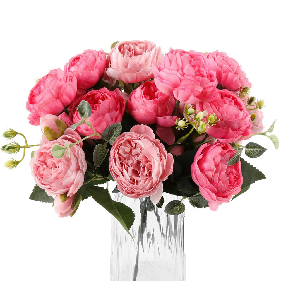 DEEMEI rose red pink peonies bouquet adds romantic color to living room decor.
