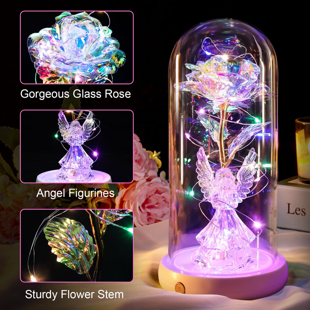 DEEMEI USB rechargeable battery powers the illuminated rose for convenience.
