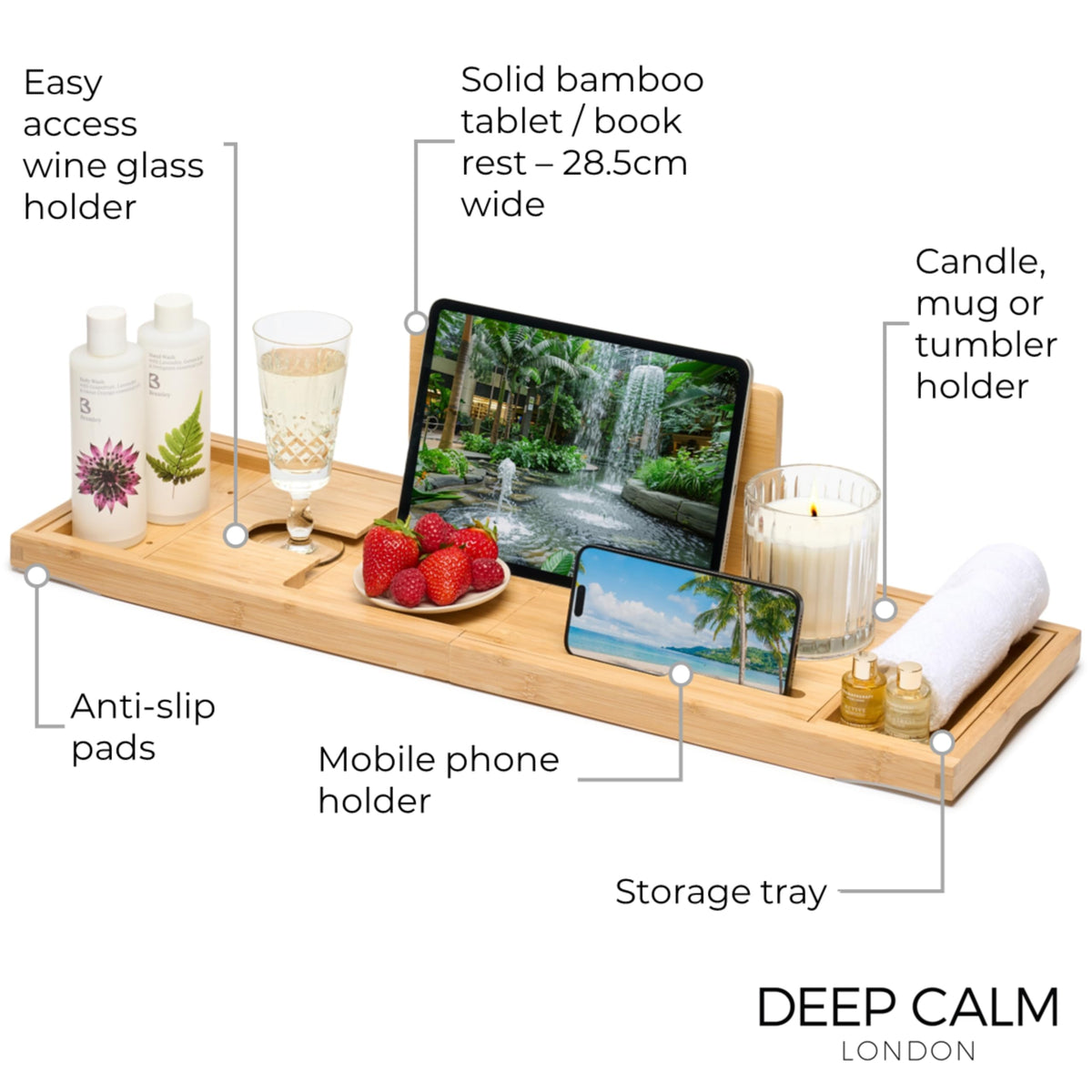 Deep Calm bath tray expands from 27.5 inches to 42.7 inches to fit large tubs.