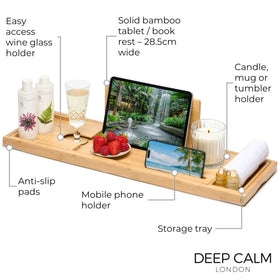 Deep Calm bath tray expands from 27.5 inches to 42.7 inches to fit large tubs.