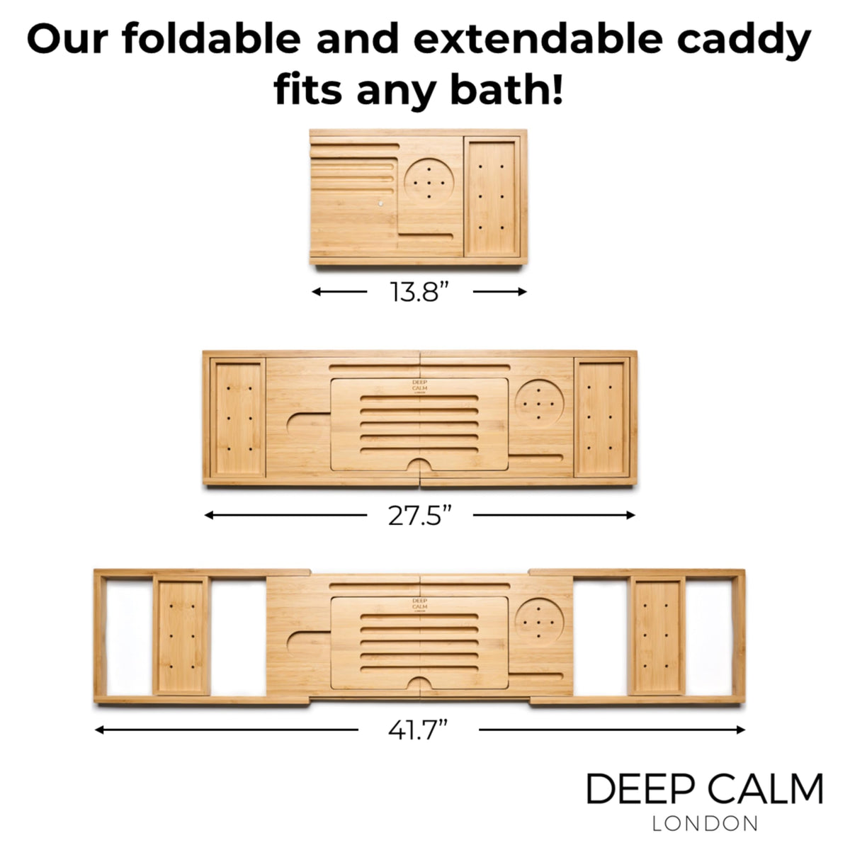 Deep Calm tub tray with non-slip corners keeps items secure.