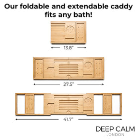 Deep Calm tub tray with non-slip corners keeps items secure.
