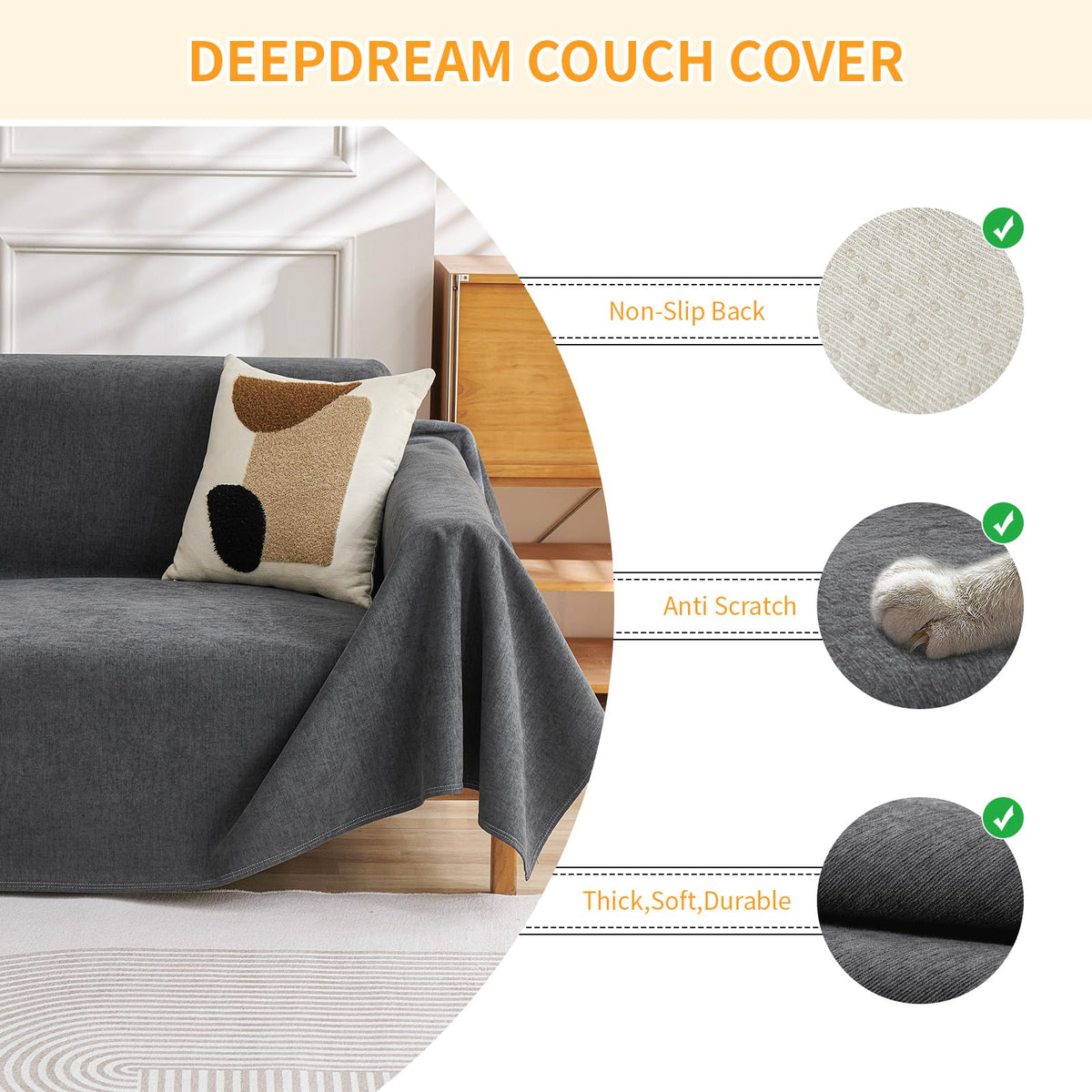 Deep Dream pet-friendly slipcover resists fur buildup and cleans easily.