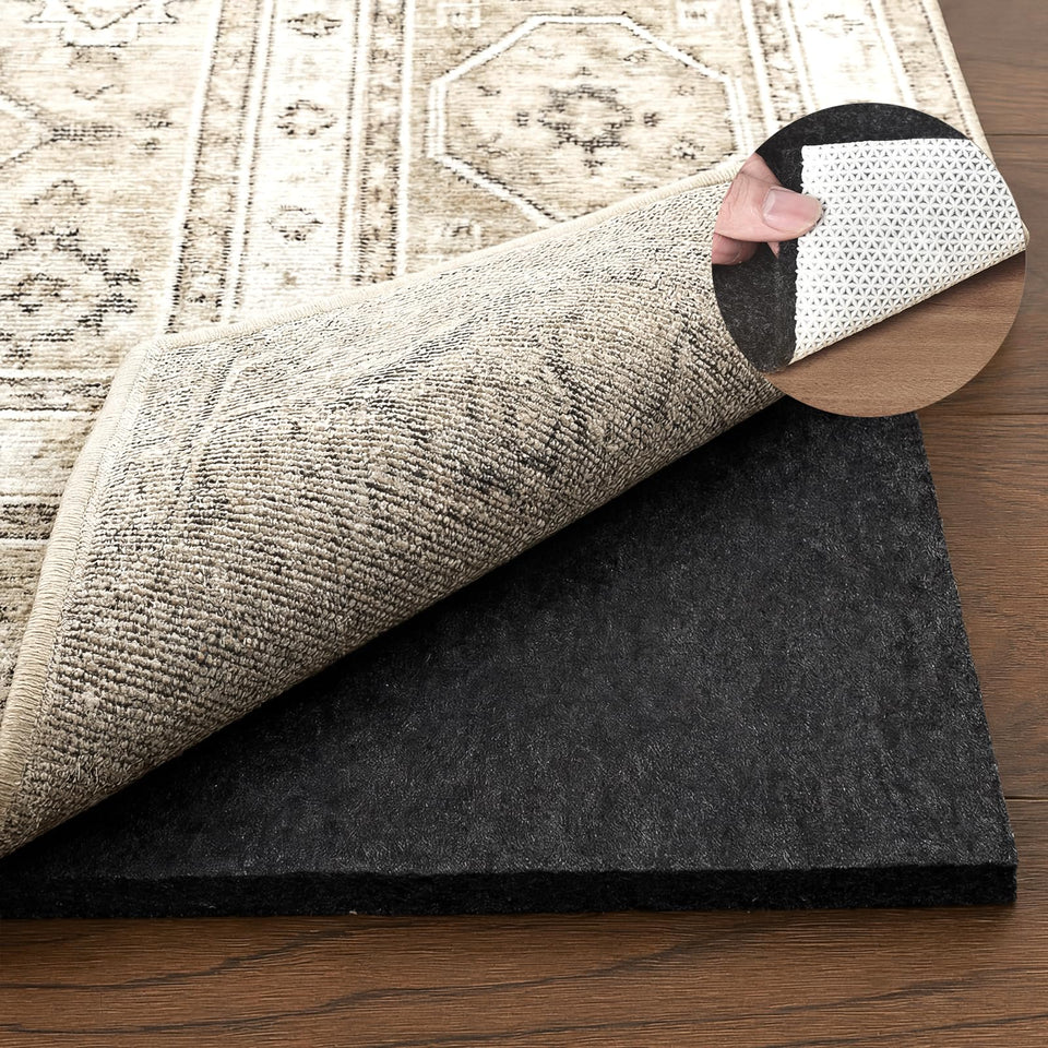 Deep Dream rug pad with rubber backing provides superior grip for area rugs on hardwood floors.