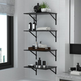 Deep Floating Wall Shelves suggest bedroom decor ideas with deep black wood shelves