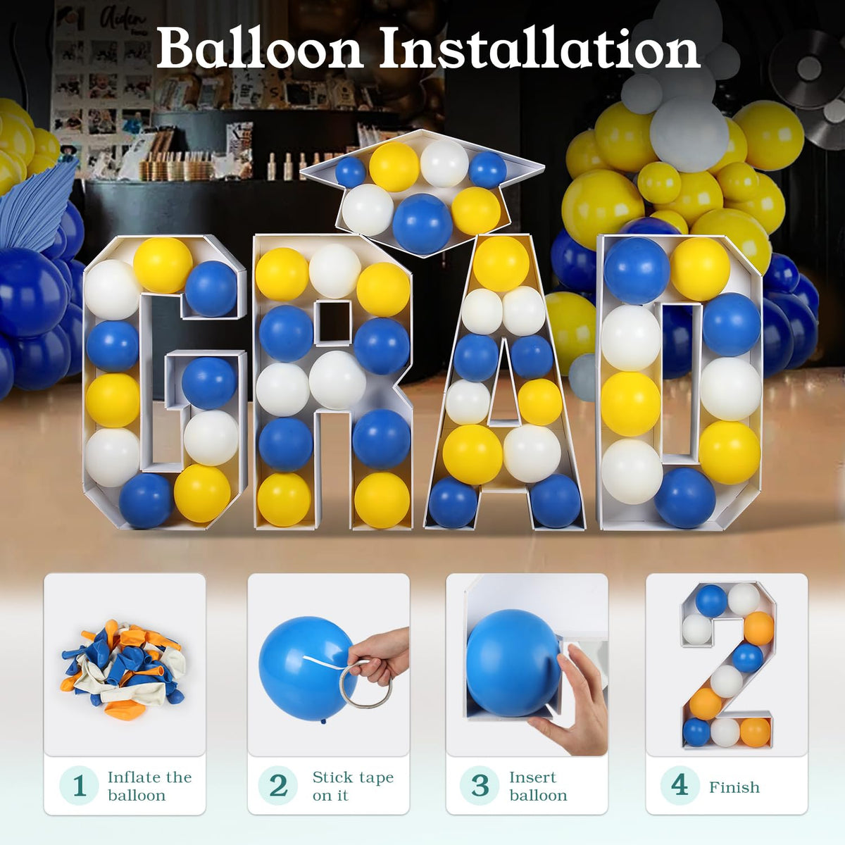Deerher grad lights and balloons create a festive day-to-night backdrop