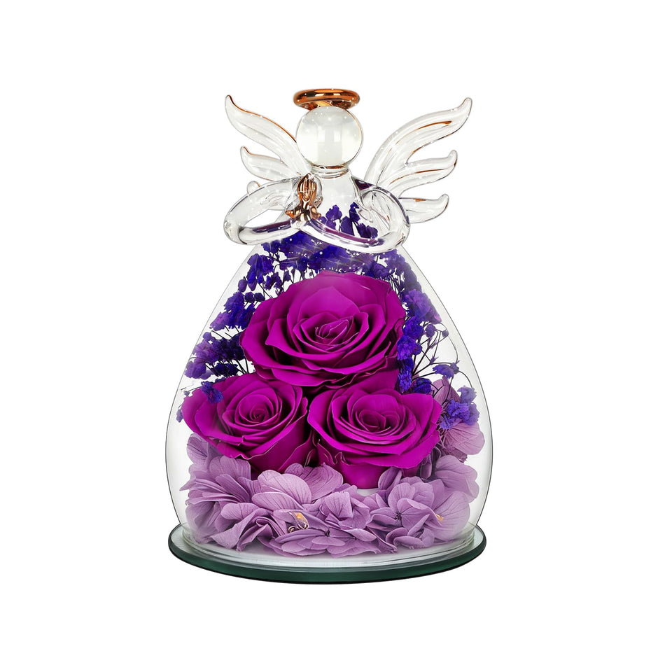 Deerift preserved rose glass angel figurine with three roses for timeless home decor