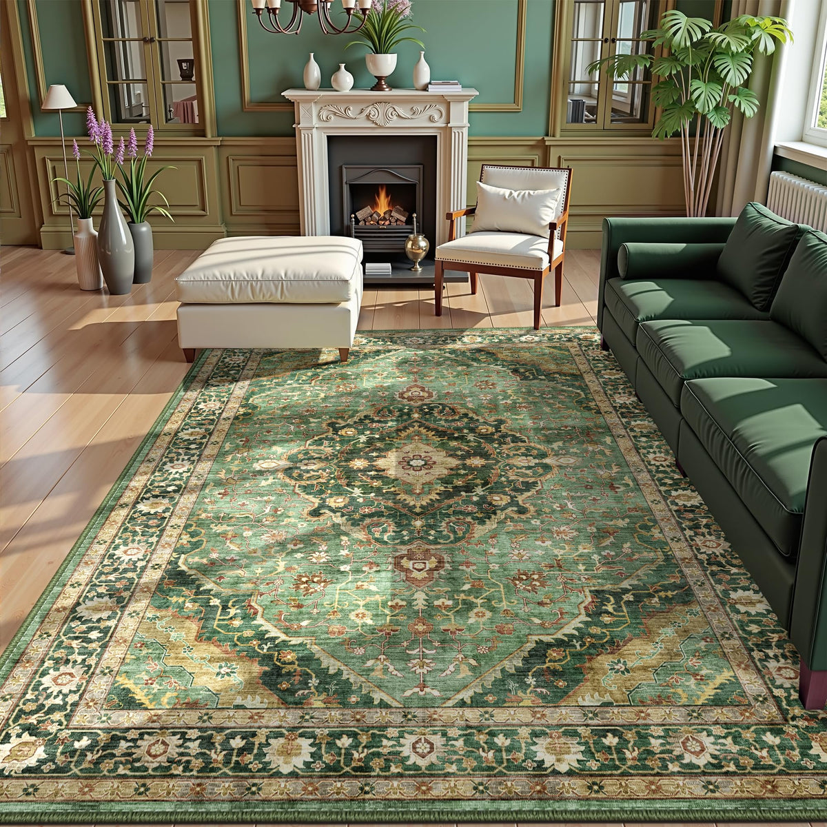 Deerly Green Rug with oriental pattern adds warmth to living spaces.