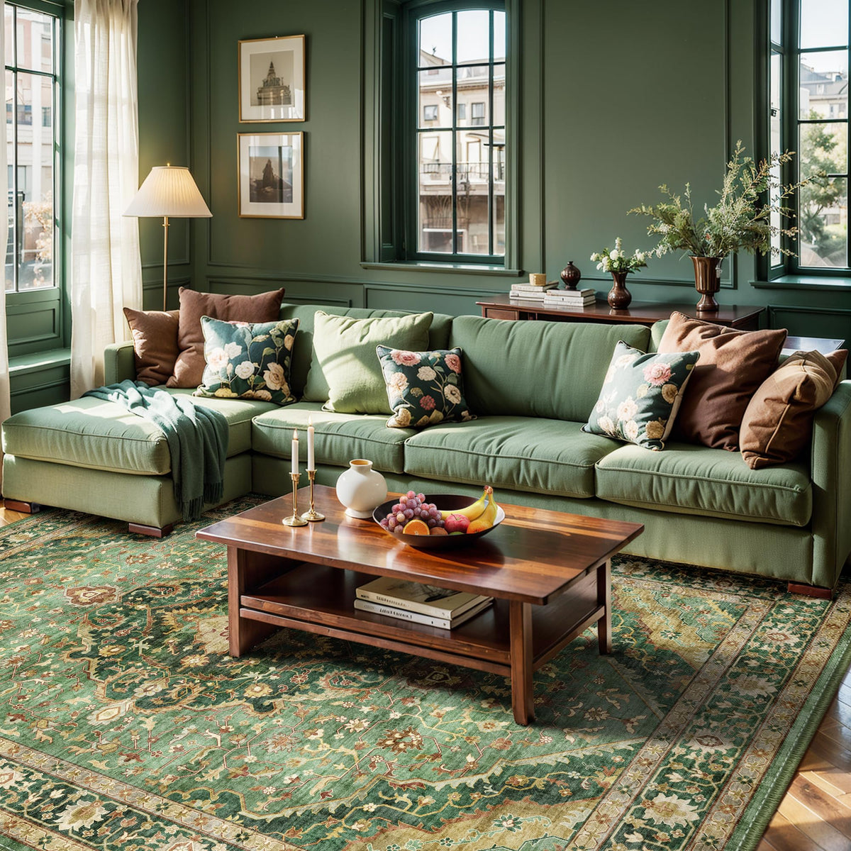 Deerly Green Rug fits entryways under furniture for easy placement.