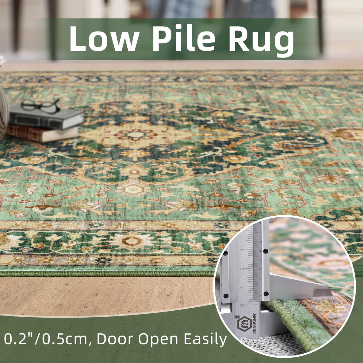 Deerly Green Rug complements living room decor with vintage charm.