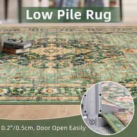Deerly Green Rug complements living room decor with vintage charm.