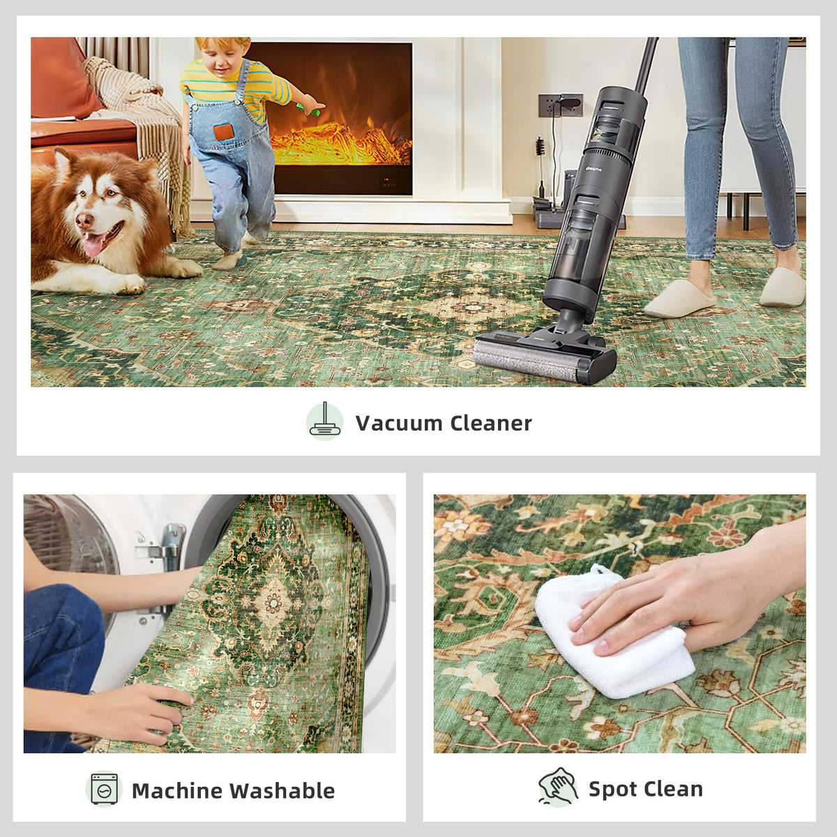 Deerly Green Rug shows low-pile comfort underfoot.