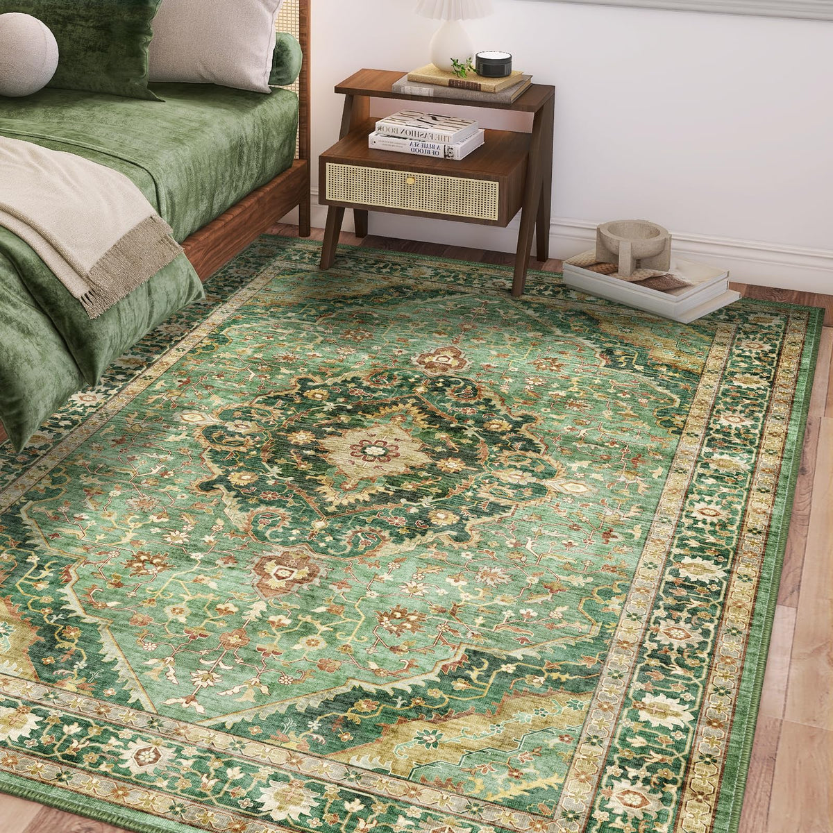Deerly Green Rug features non-slip backing for safety.