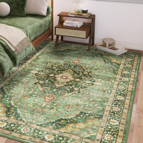 Deerly Green Rug features non-slip backing for safety.