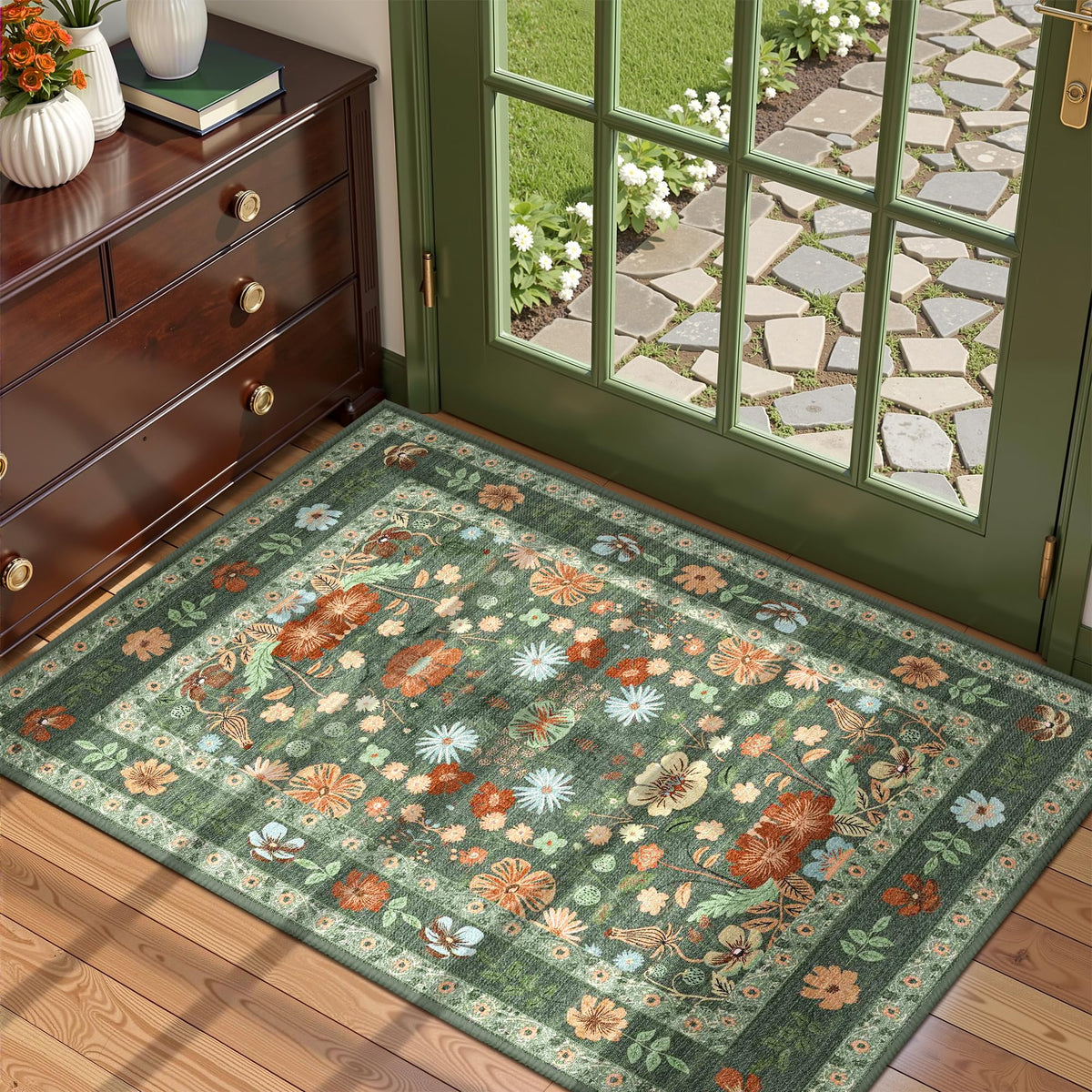 Deerly Green Small Floral 2x3 Entryway Rug front view adds vintage charm and practical comfort.