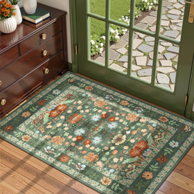 Deerly Green Small Floral 2x3 Entryway Rug front view adds vintage charm and practical comfort.