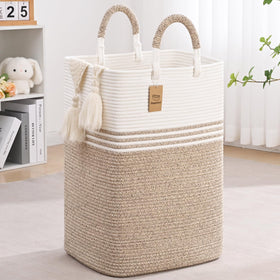 Degeyoyo laundry basket with swiveling handles for easy transport.