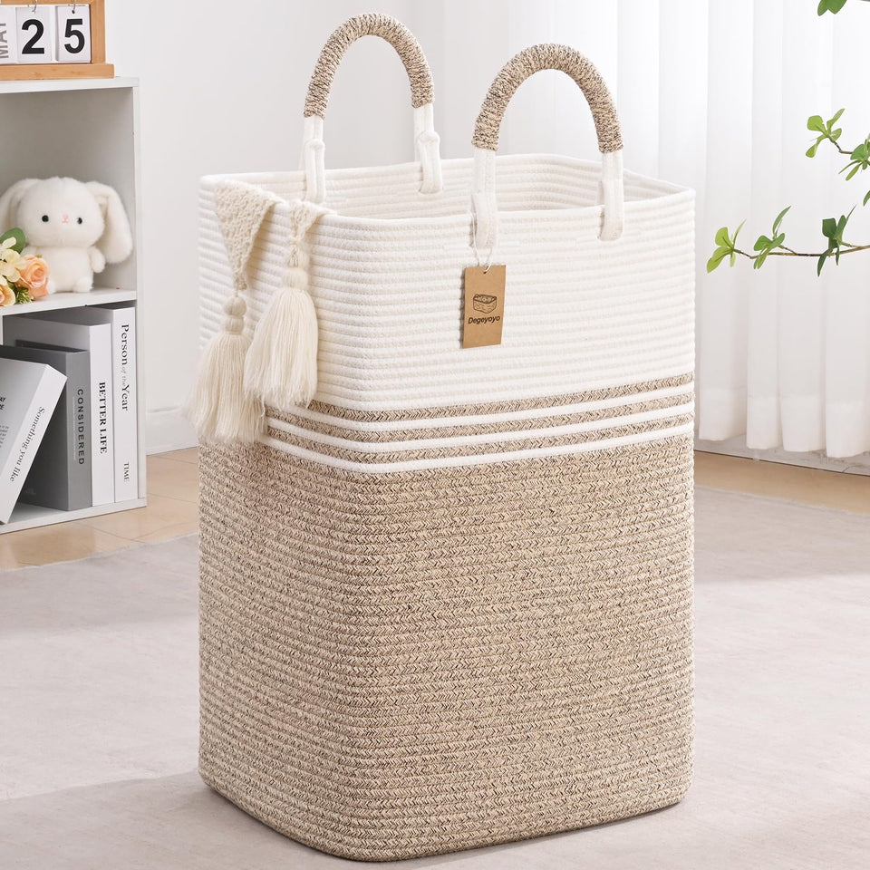 Degeyoyo laundry basket with swiveling handles for easy transport.