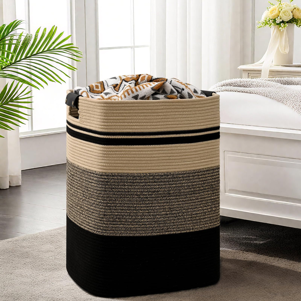 Degeyoyo rectangle 95l hamper shows spacious capacity in a modern living room.