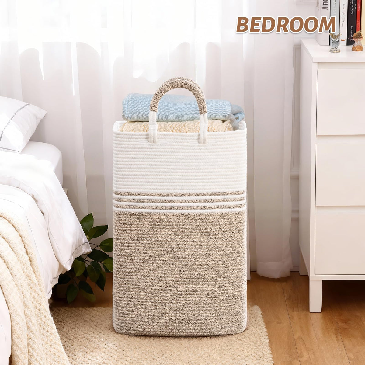 Living room decorative hamper blends with modern decor.
