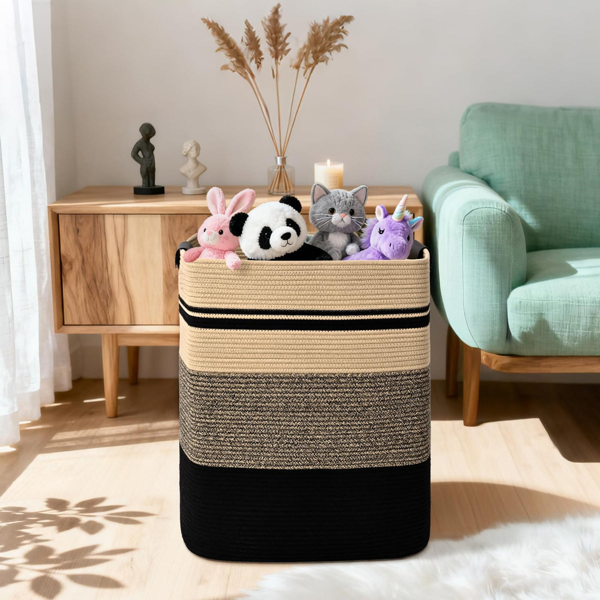 Degeyoyo storage hamper in living room provides practical organization and style.