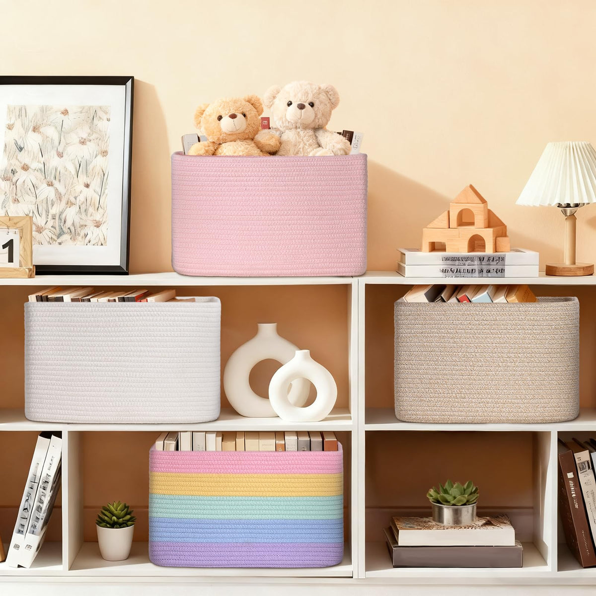 Degeyoyo multi-purpose organizer baskets for shelves and laundry spaces.
