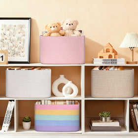 Degeyoyo multi-purpose organizer baskets for shelves and laundry spaces.