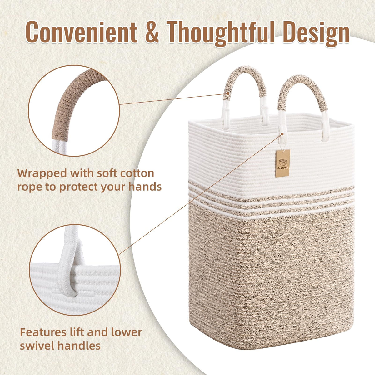 Woven cotton rope hamper with a soft, odor-free texture.