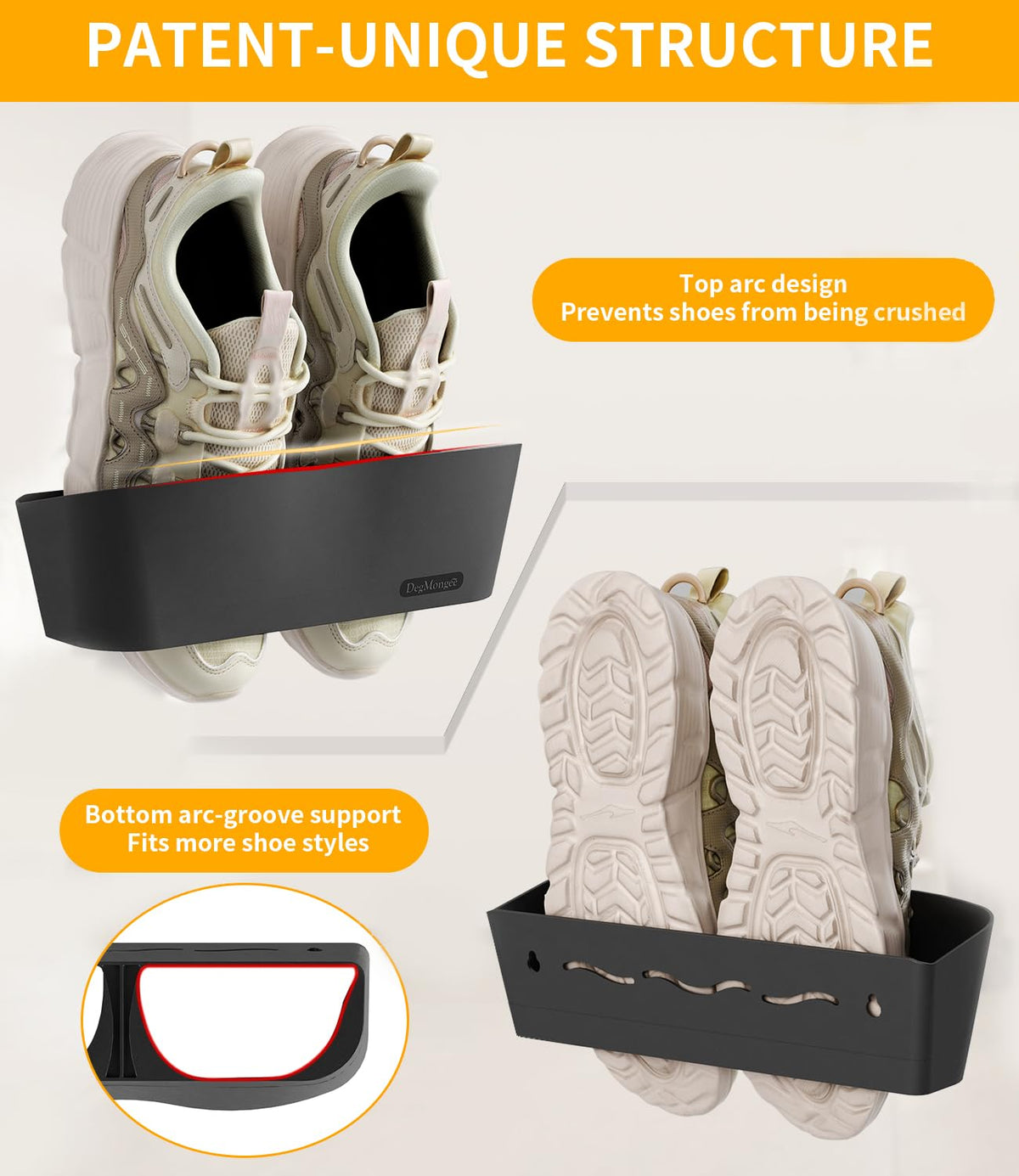 DegMongee rack behind a door keeps entryway shoes neatly organized.