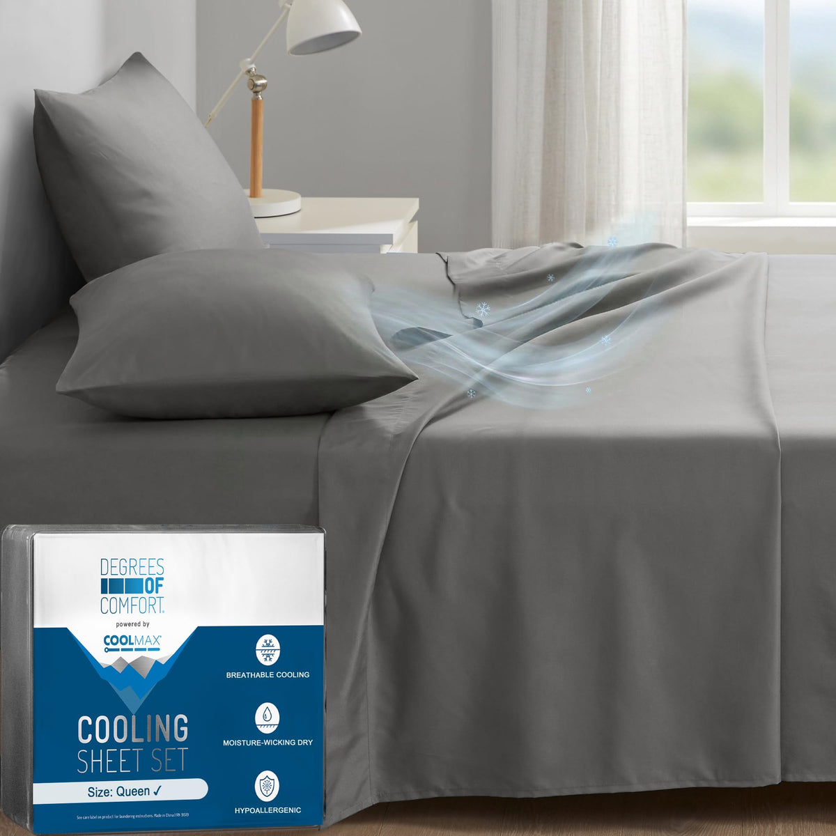 Degrees of Comfort Coolmax bed sheets queen set for hot sleepers with cooling performance.
