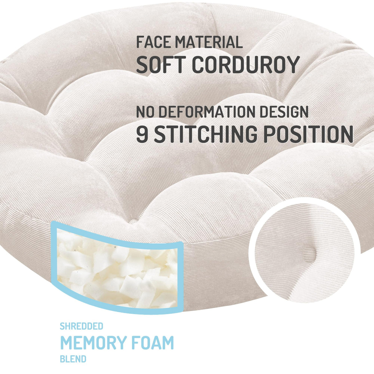 Degrees of Comfort round beige floor pillow side view, provides cozy seating for adults and kids.