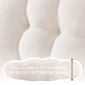 Degrees of Comfort soft seating experience closeup, showcasing 22-inch round cushion for floor use.