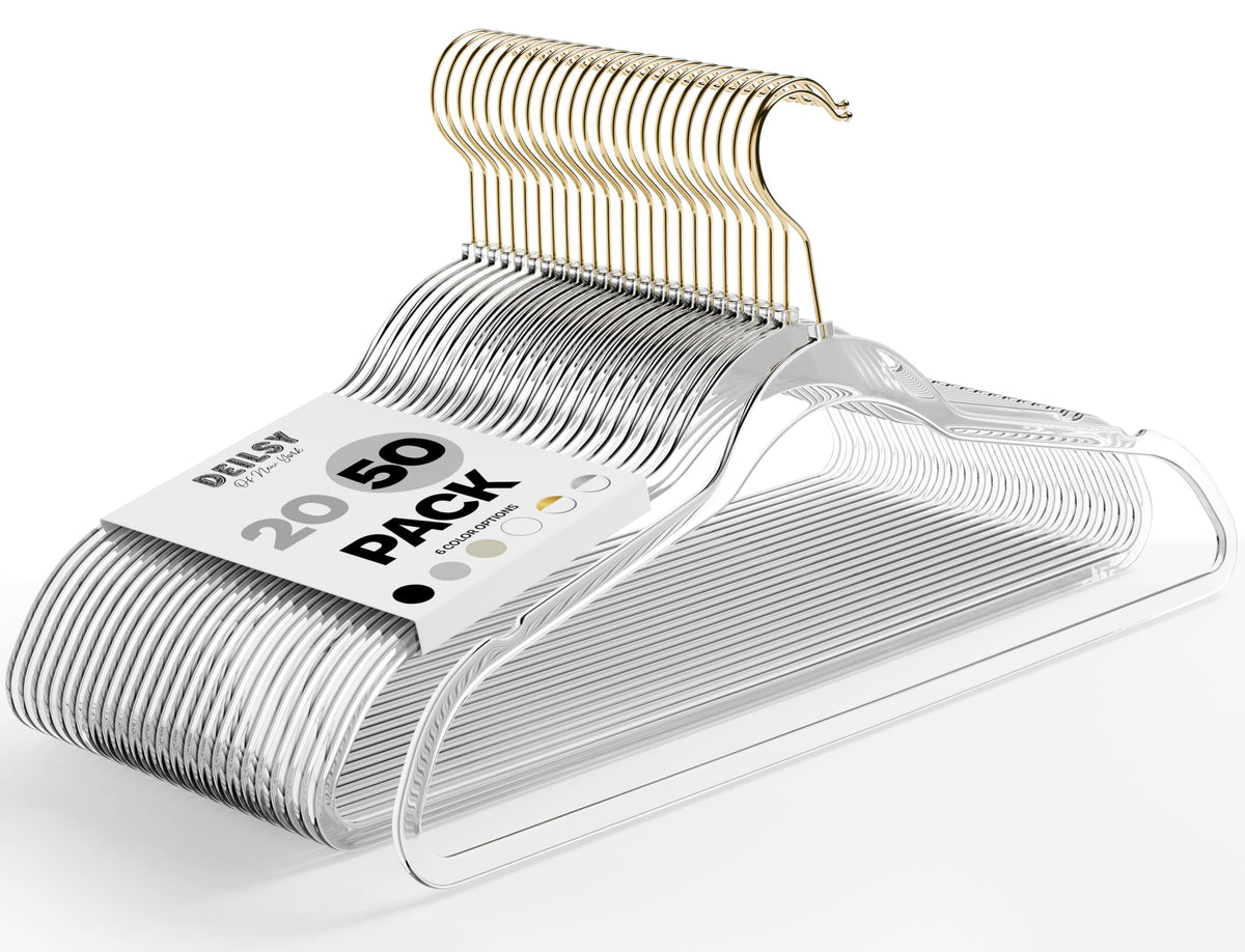 DEILSY Clear Hangers with gold hook for organized wardrobe and easy access.