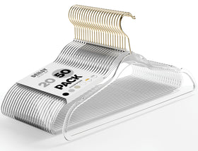 DEILSY Clear Hangers with gold hook for organized wardrobe and easy access.