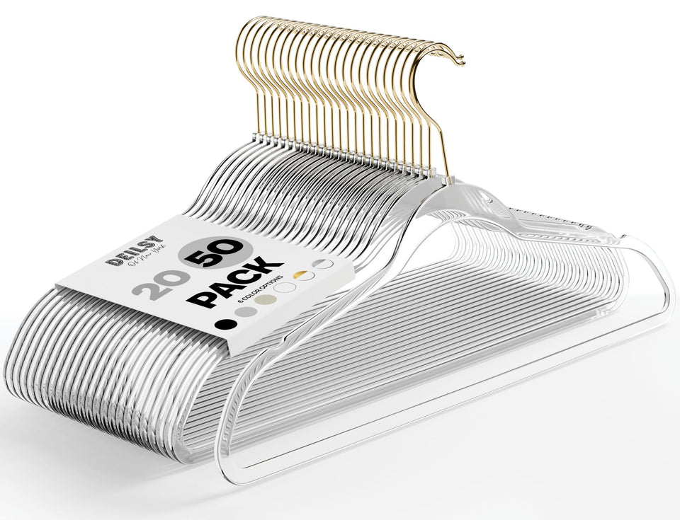 DEILSY Clear Hangers with gold hook for organized wardrobe and easy access.